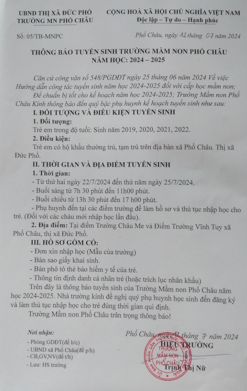 Trường Mầm non Phổ Châu thông báo tuyển sinh năm học: 2024-2025